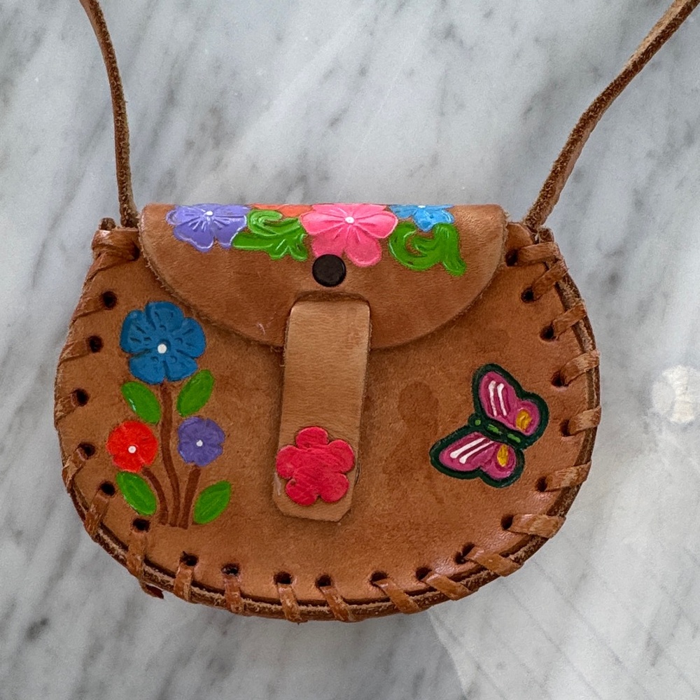 Handpainted Brown Suede Floral Crossbody Bag
